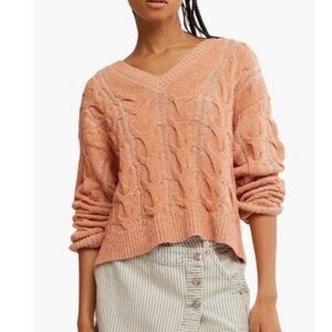 NEW FREE PEOPLE washed cable v-neck sweater in candied melon